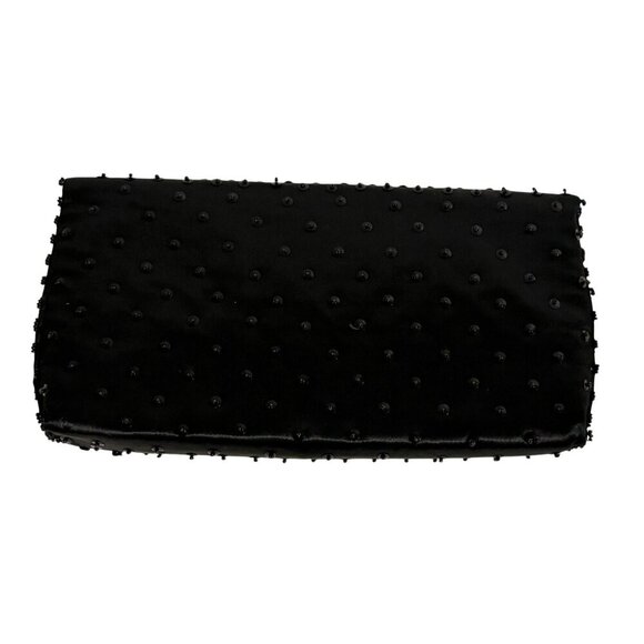 Vtg Black Beaded Satin Evening Clutch Micro Bead Flowers Snap Close Hong Kong - Picture 2 of 11